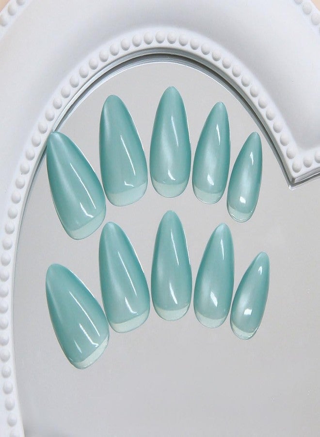 RikView Short Press on Nails Almond Fake Nails Cyan Nails with Cat Eye Finish Glossy Full Cover Nails for Women 30 PCs/Set - Image 2